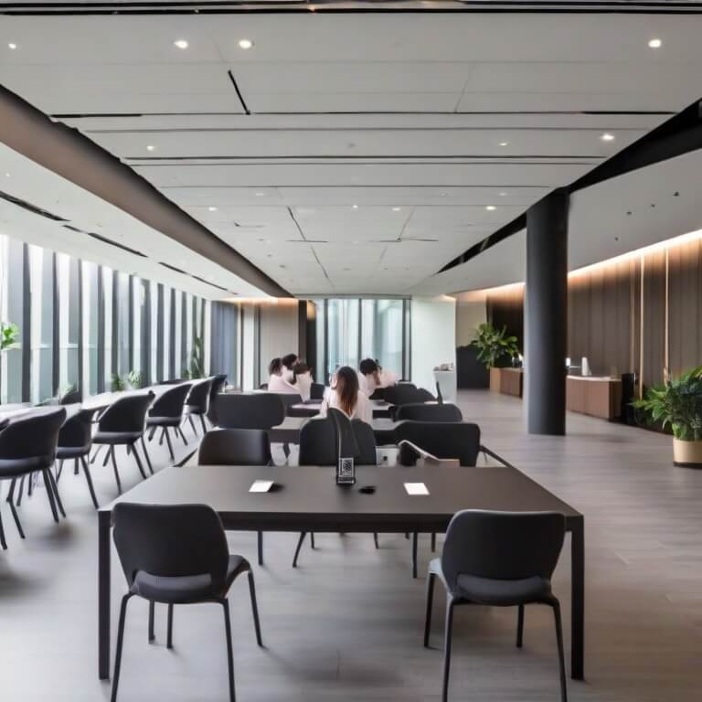 Modern office interior with people working at tables and a reception desk in the background