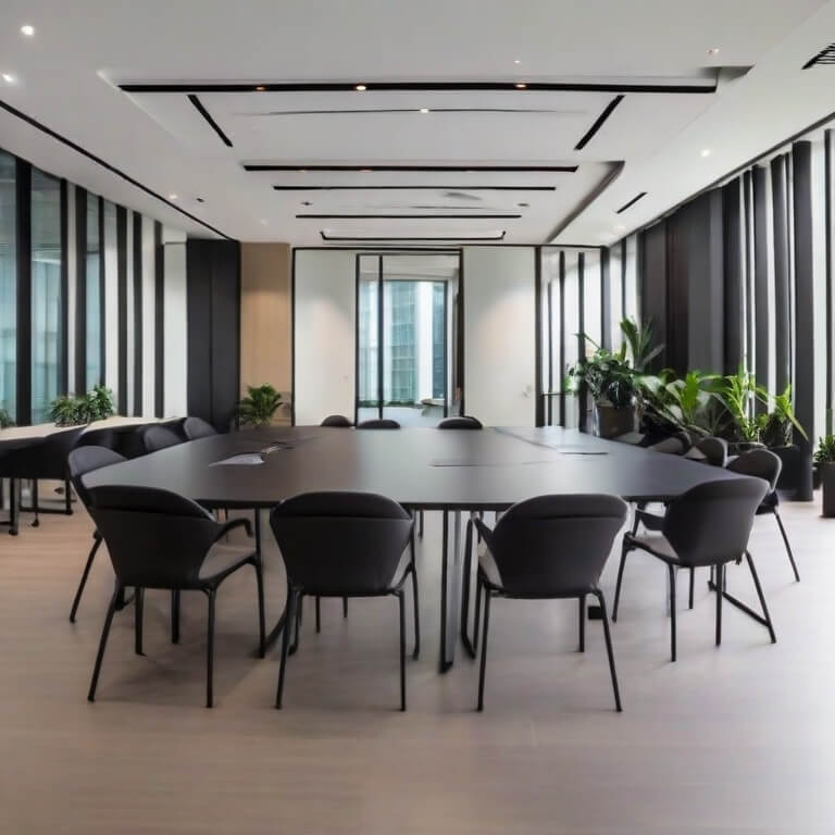 Modern conference room with a large table black chairs and indoor plants by the windows