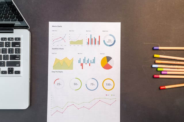 A piece of paper displaying various charts and graphs lies on a table next to a laptop and a set of colored pencils