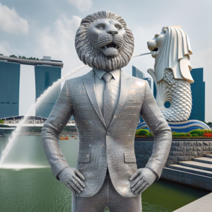 statue of a man with a lion's head wearing a shiny suit, standing in front of the Merlion statue by a waterfront with modern buildings in the background.