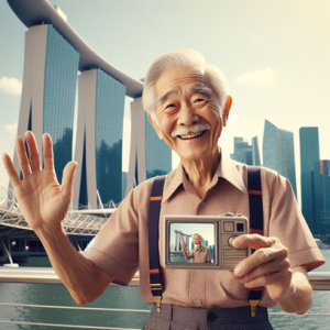 elderly man with glasses smiles and waves while holding a photo featuring himself. iconic modern buildings are in the background.