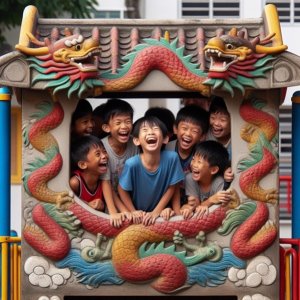 a group of children laugh joyfully while posing inside a decorative structure adorned with colorful dragon designs at a playground.