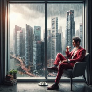 a man in a red suit sits in a chair, drinking coffee and looking out at a rainy cityscape through a large window.