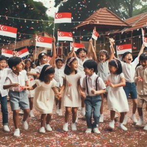 children celebrate outdoors, holding and waving singapore flags, surrounded by festive decorations and confetti, with a playground in the background.