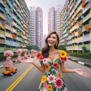 a woman in a floral dress smiles in the middle of a street flanked by colorful buildings. behind her, people also in floral outfits are riding toy cars.